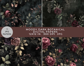 Dark Moody Floral Digital Paper Pack: Gothic Botanical Scrapbook (12x12, 300 DPI) (Digital Download