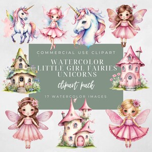 Bambina rosa fate da giardino, case delle fate, pacchetto di clipart unicorni, PNG trasparente, uso commerciale, stampa digitale per bambini piccoli