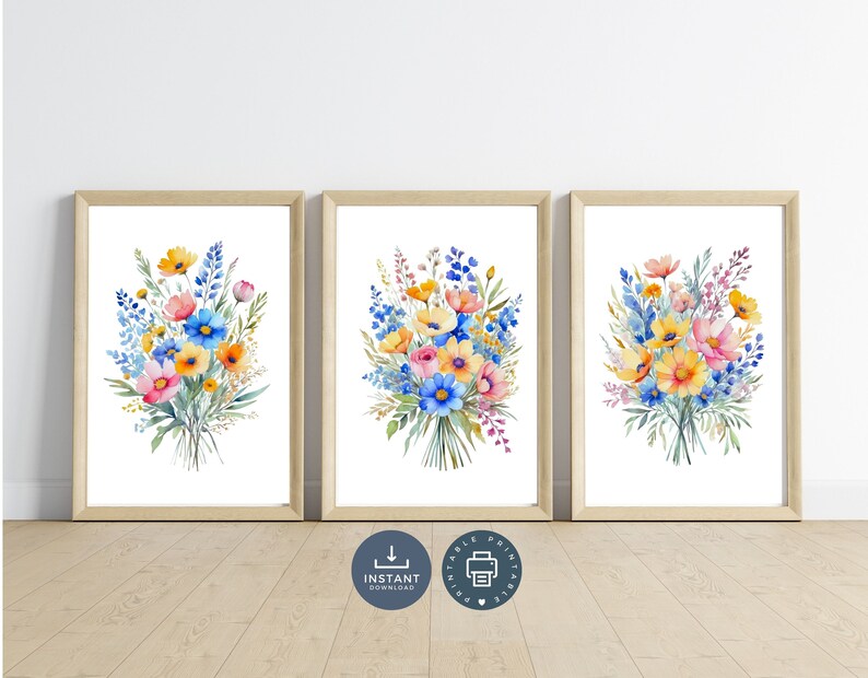 Bright Wildflowers Bouquet Wall Art, Set of 3 Prints, Digital Download ...