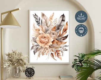 Boho Floral Feathers Botanical Wall Art Digital Printable Wall Decor, Neutral Color, Beige Brown Gray Cream, Living room Wall Art Bedroom