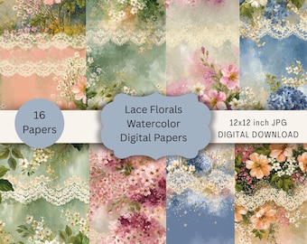 Watercolor Florals Lace Digital Paper Pack, Shabby Chic Scrapbooking Backgrounds, Instant Download, JPG 12x12 inch