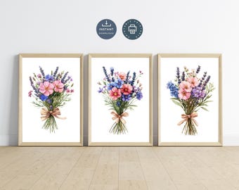 Pink Blue Lavender Wildflowers Watercolor Print Set 3, Gallery Floral Wall Art, Printable Digital Download