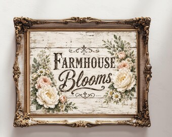 Farmhouse Blooms Wall Art, Vintage Rustic Country Floral Distressed Wood Printable, Digital Download