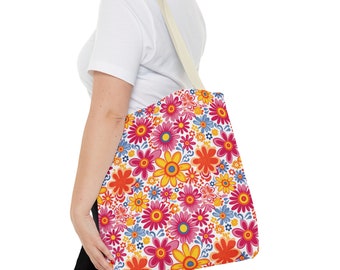 Retro Hippie Groovy Flowers Tote Bag, Bright Bold Yellow Hot Pink Blue Floral Pattern, Laptop bag, Large Tote Bag, Cute Tote Bag Gift