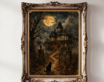 Vintage Haunted House Halloween Wall Art, Full Moon Black Cat Printable Gothic Decor, Spooky Season Autumn Fall, Digital Download