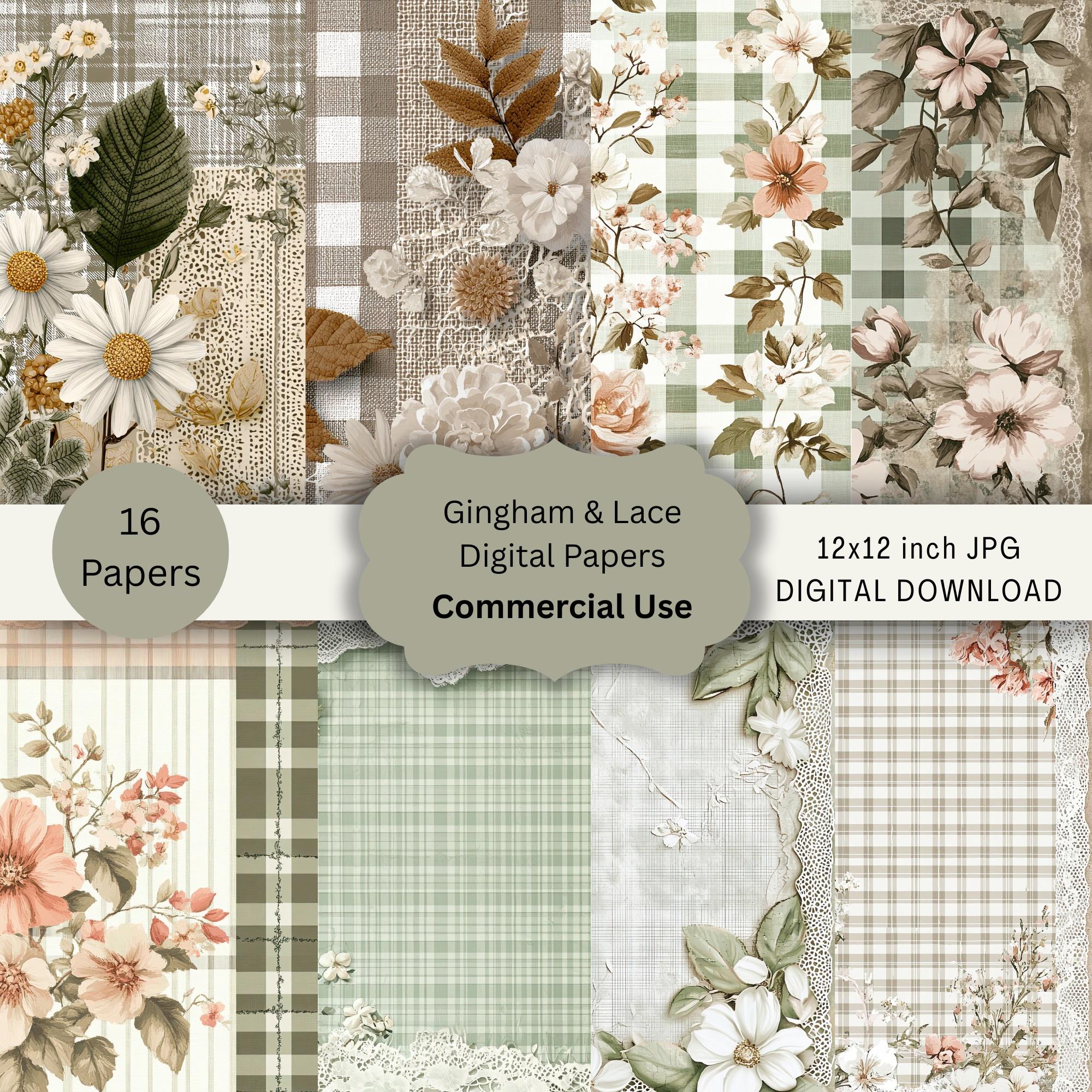 Gingham Floral Lace Digital Paper Pack, Cottagecore, Shabby Chic ...