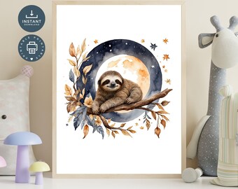 Baby Sloth Tree Branch Sleeping Sleepy Moon Stars Nursery Wall Art Print, Digital Instant Download, Printable Art, Kids Room, Play room,