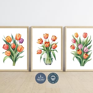 Tulips Watercolor Print Set: Purple, Red, Orange Florals (Digital Download)