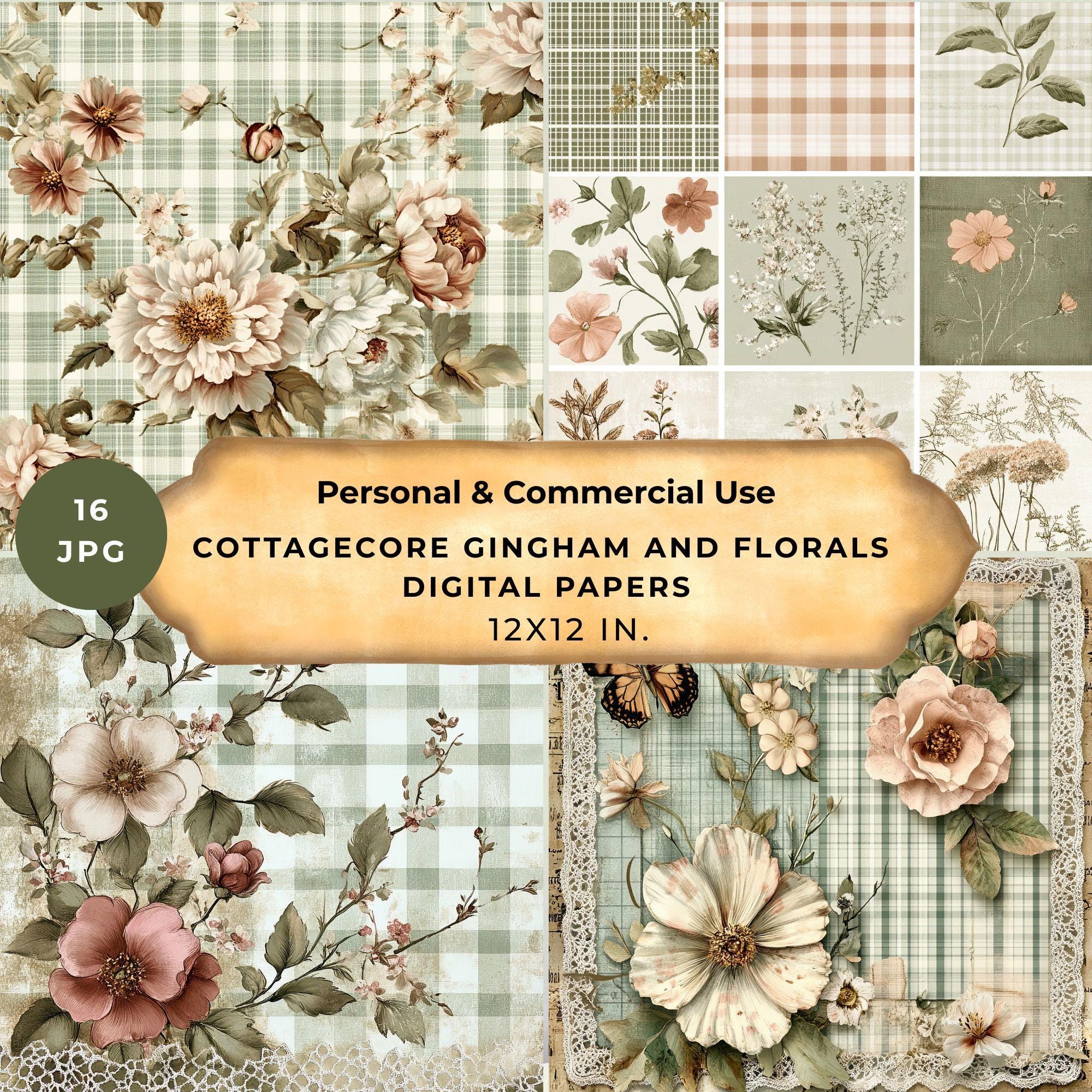 Gingham Floral Lace Digital Paper Pack, Cottagecore, Shabby Chic ...