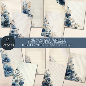 Blue Floral Lined Journal Paper: Vintage Printable Stationery (Digital Download, 8.5x11 JPGs)