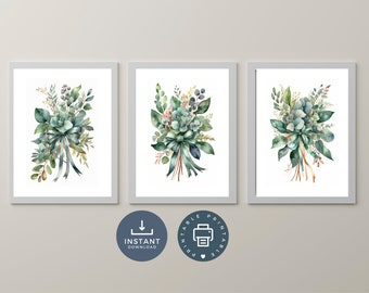 Watercolor Eucalyptus Green Botanical Wall Art, Digital Printable Art, Wall Art Set of 3, Sage Green, Wild Flowers, Boho Modern Home Decor