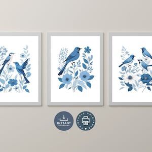 Blue Birds Blue White Florals Digital Imprimible Arte de pared, Conjunto de 3, Acuarela, PNG transparente, Sala de estar del dormitorio, Descarga instantánea Boho