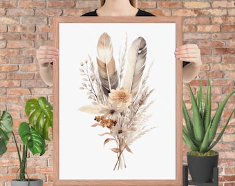 Boho Florals Feathers Botanicals Beige Gray Brown Neutral Colors Framed Wall Art, Framed Print, Watercolor, Bedroom Living Room Wall Decor