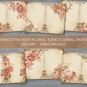 Papeles antiguos vintage de terracota con acuarela, diseño floral, para diarios, manualidades, collages, descargas digitales, efímeras.