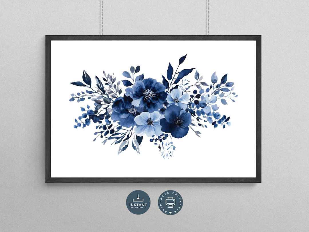 Navy Blue Floral Watercolor Wall Art Print, Elegant Flower Bouquet ...