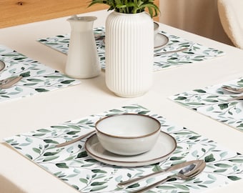 Sage Green Botanical Leaves Green White Table Placemats, Country Rustic Boho Home Decor, Dining Room Kitchen Table, Farmhouse, Leaf Pattern