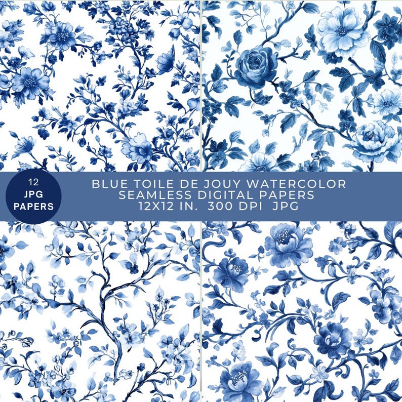 Vintage Blue Toile De Jouy Digital Printable Paper Pack, Watercolor ...