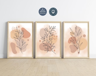 Boho Abstract Shapes Botanicals Wall Art, Set 3 Prints, Digital Download, Printable, Neutral Decor