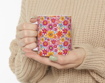 Retro Groovy Hippie Flowers Floral Coffee Mug, Bright Bold Yellow Hot Pink Blue, 11oz, 15oz. Gift For her Birthday,  Tea Mug, Gift for Mom