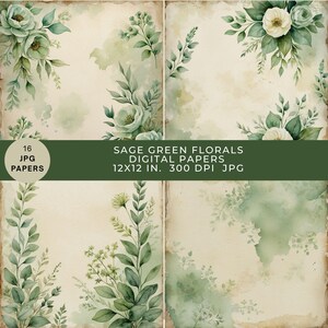Sage Grün Aquarell Blumen Digital Printable Papers Pack, Scrapbook, Junk Journal Vintage Seiten, Botanicals, Hintergründe, Decoupage, JPG