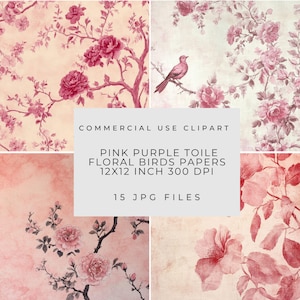 Roze paarse toile bloemen vogels chinoiserie digitaal afdrukbaar papier, junk journal, scrapbooking ambachten, textuur achtergrond, commercieel gebruik
