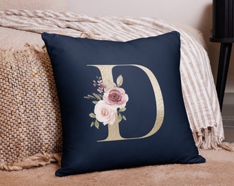 Monogram Letter D Initial D Navy Blue with Gold Letter Pink Watercolor Flowers Accent Throw Pillow. Bridal Shower Wedding Gift, Sofa Couch
