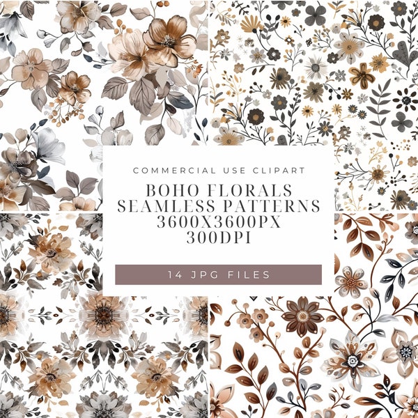 Boho Bohemian Floral Beige Gray Brown Watercolor Digital Flowers Seamless Pattern Papers, Crafting, Scrapbook paper, Commercial Use, 12x12