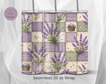 Lavender Patchwork Quilt Tumbler Wrap PNG, Grandmacore Seamless Sublimation Design (Digital Download)