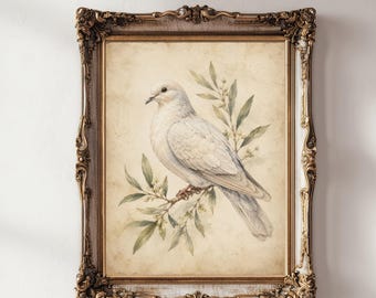 Vintage Dove Botanical Watercolor Print, Neutral Cottage Wall Art Decor, Digital Download