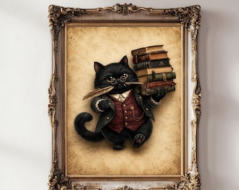 Black Cat Wall Art, Dark Academia Print, Whimsical Library Decor, Vintage Book Lover Printable, Gothic Cottagecore Art, Digital Download