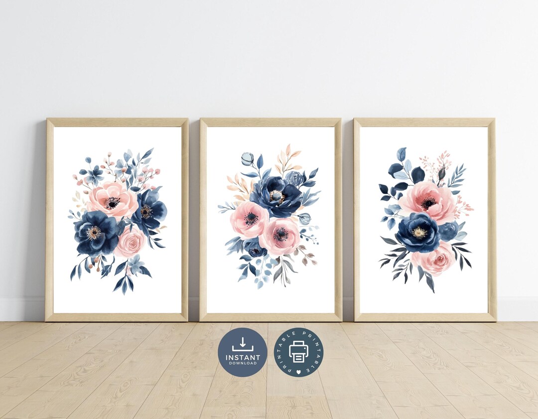 Navy Blue Blush Pink Floral Prints: Watercolor Botanical Wall Art ...