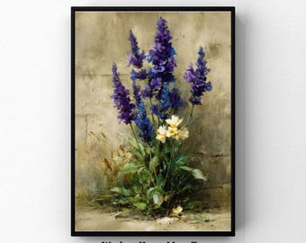 Vintage Lavender Botanical Florals Wall Print, Printable Digital Download, Cottagecore Farmhouse Oil Painting