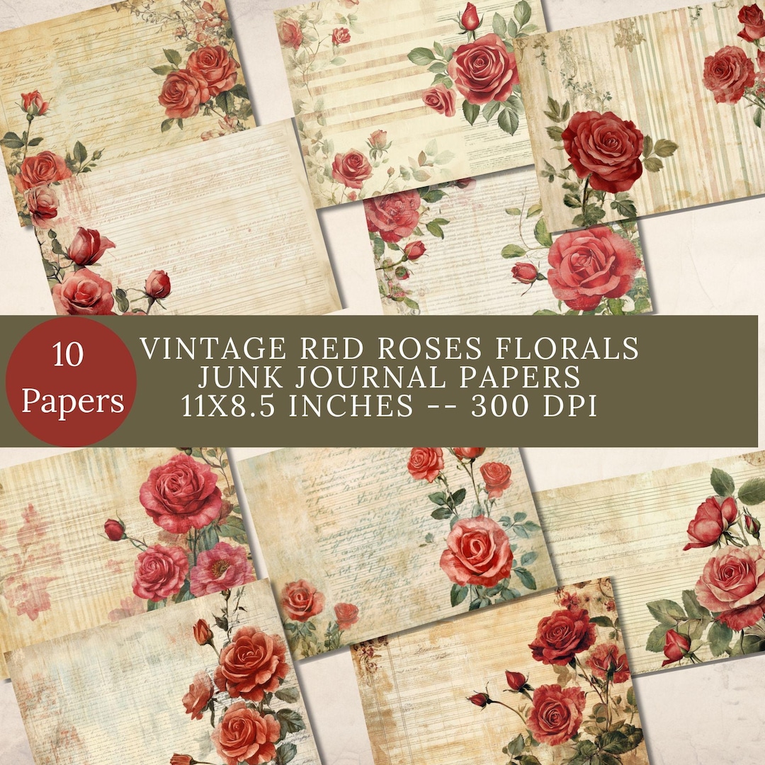 Red Roses Junk Journal Paper: Shabby Chic Vintage Florals (digital ...