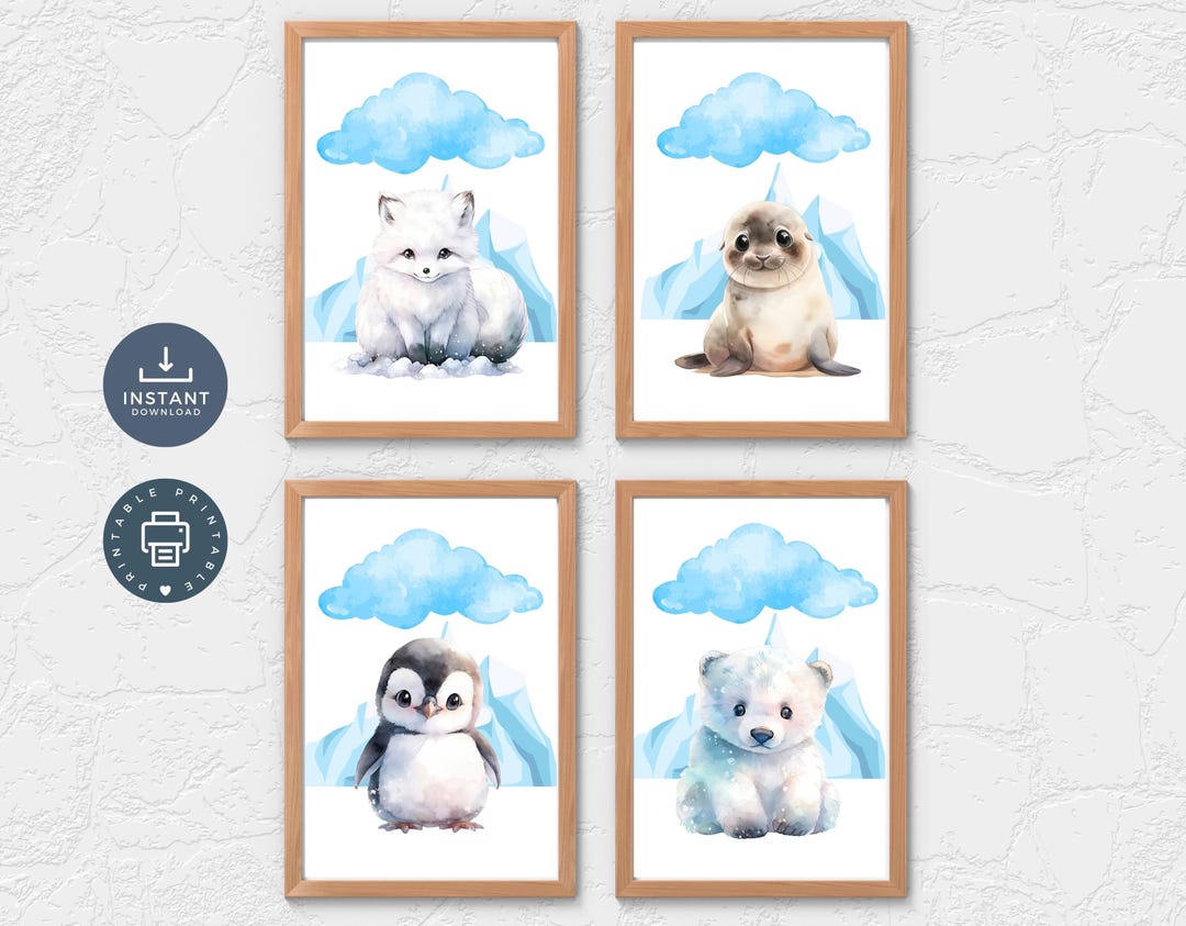 Artic Baby Nursery Animal Wall Art, Fox, Polar Bear, Penguin, Seal, Set