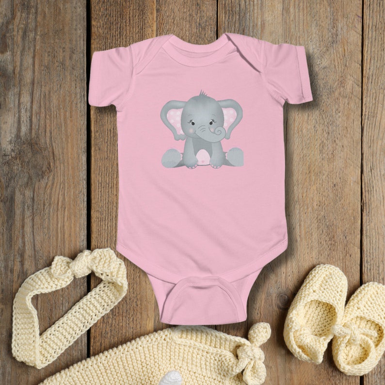 Pink Gray Elephant Baby Infant Newborn Bodysuit, Baby Shower Gift Baby Girl, New Baby Gift, 1st Birthday gift, Sizes 3M, 6M,12M, 18M, 24M image 1