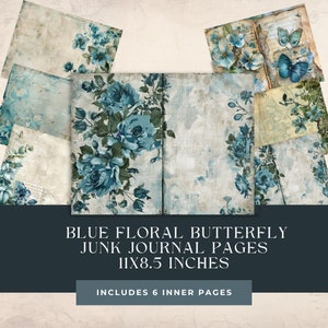Pagine di diario spazzatura, farfalle floreali blu acquerello antico vintage shabby chic, 6 carte digitali, etichette effimere, artigianato di carta stampabile