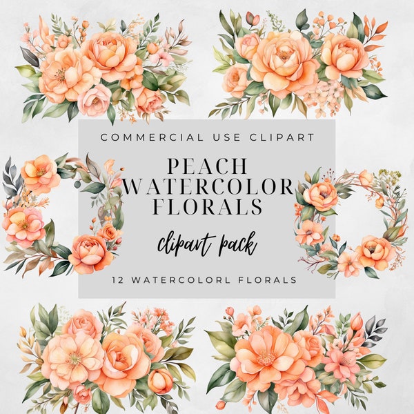 Peach Watercolor Floral Flowers Botanical Greenery Bouquets Wreaths Clip Art Bundle, 12 Transparent PNG, Wedding Invitations Commercial Use