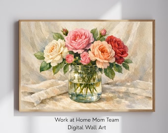 Vintage Roses in Vase Watercolor Print, Still Life Wall Art, Printable, Digital Download
