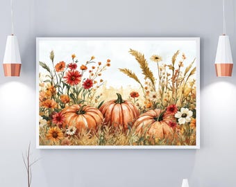 Watercolor Wildflowers & Pumpkins Fall Art Print: Rustic Autumn Decor (Digital Download)