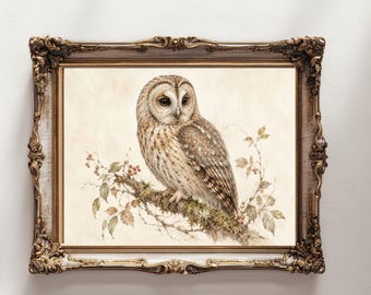 Vintage Owl Wall Art Printable, Woodland Bird Print, Neutral Rustic Nature Decor, Wildlife Painting, Digital Download
