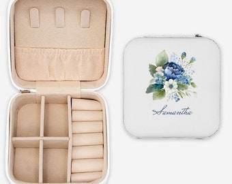 Personalized Small Jewelry Travel Case, Bridesmaid Bridal Party Gift, Birthday Gift, Monogrammed, Blue Floral, White Case, Mother's Day gift