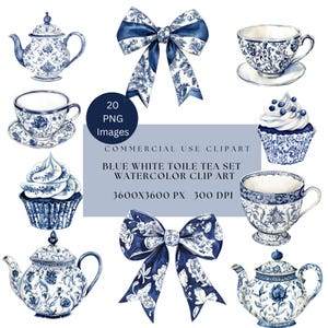 Conjunto de clipart de chá de toile floral azul e branco, festa do chá vitoriana, PNG grandioso do milênio, xícaras de chá, bules, arco, uso comercial vintage, sublimação