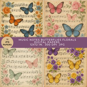 Spartiti musicali, carta stampabile digitale, download immediato, scrapbooking, diari di recupero, farfalle acquerellate, fiori, decoupage
