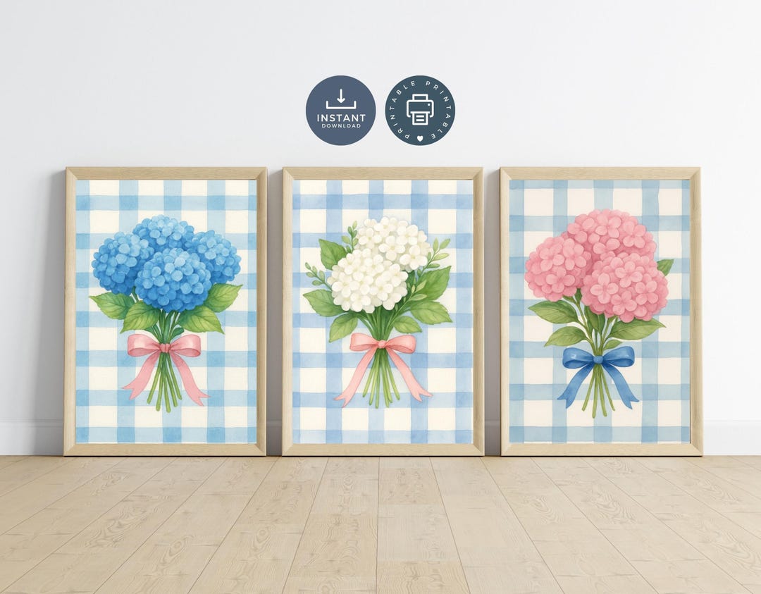 Blue White Pink Hydrangea Wall Art Set of 3 Prints, Digital Download ...
