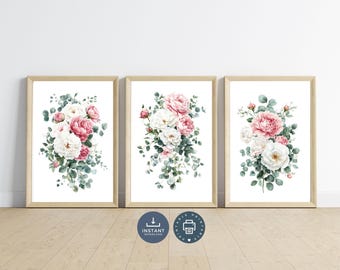 Peony Rose Floral Wall Art Prints: Watercolor Eucalyptus Set of 3 (Digital Printable)