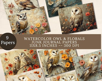 Watercolor Owl Floral Junk Journal Paper: Printable Collage Sheets (Digital Download)