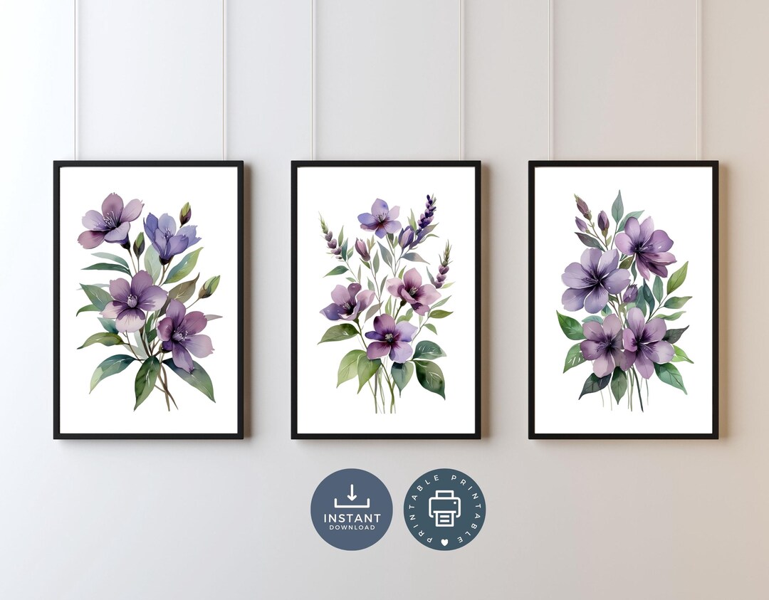 Purple Florals Wall Art, Watercolor Flowers Greenery, Digital Printable ...