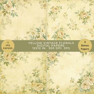 Schäbiges gelbes Aquarell Vintage Blumen Digital bedruckbares Papier, Scrapbook, Junk Journal Seite, Collage Decoupage Digital Download Hintergrund