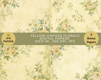 Shabby Chic Floral Digital Paper: Yellow Watercolor Scrapbook Background (Digital Download)
