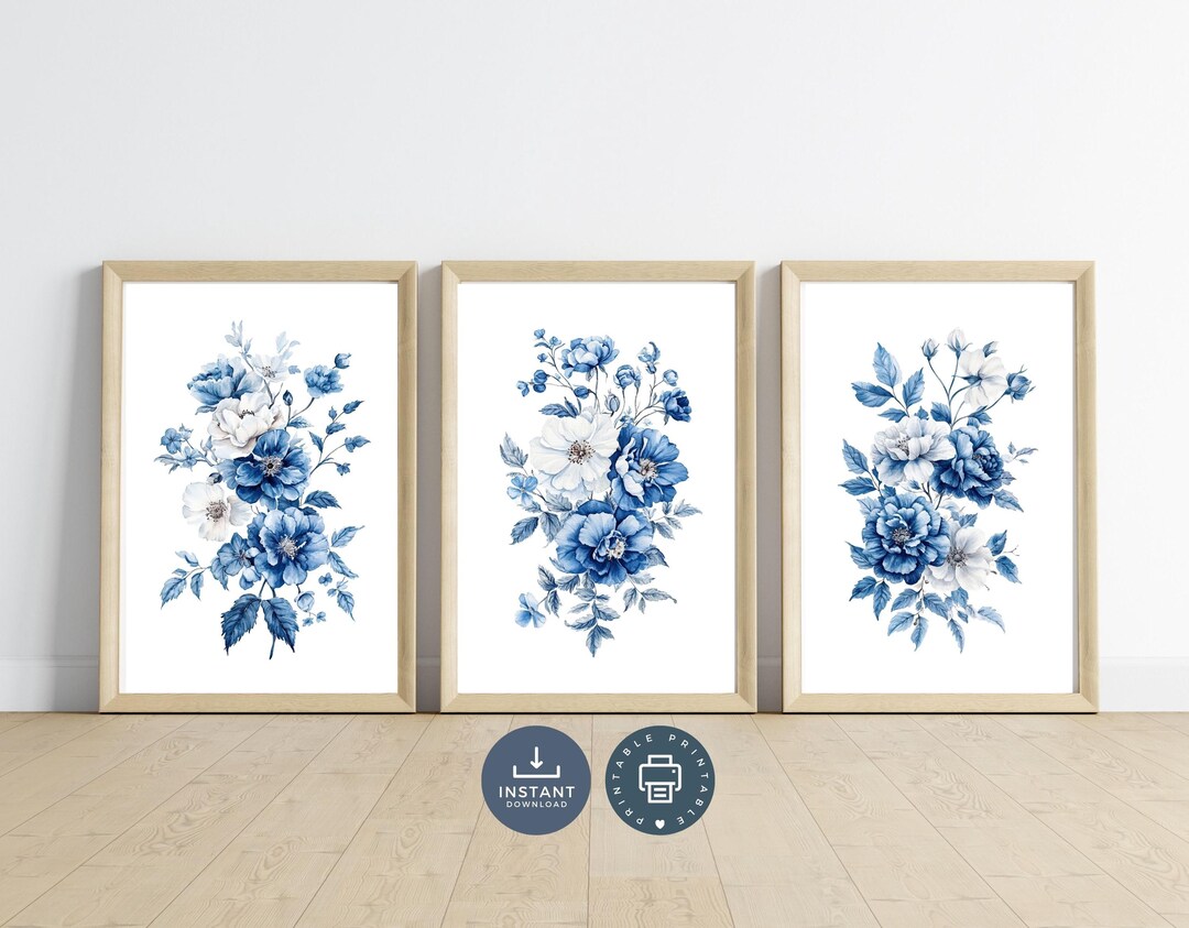 Vintage Antique Blue White Toile Floral Flowers Wall Art, Set of 3 ...